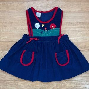 VINTAGE 70s/80s VGUC Corduroy Embroidered Appliqué Cottage Scene Pinnie Dress